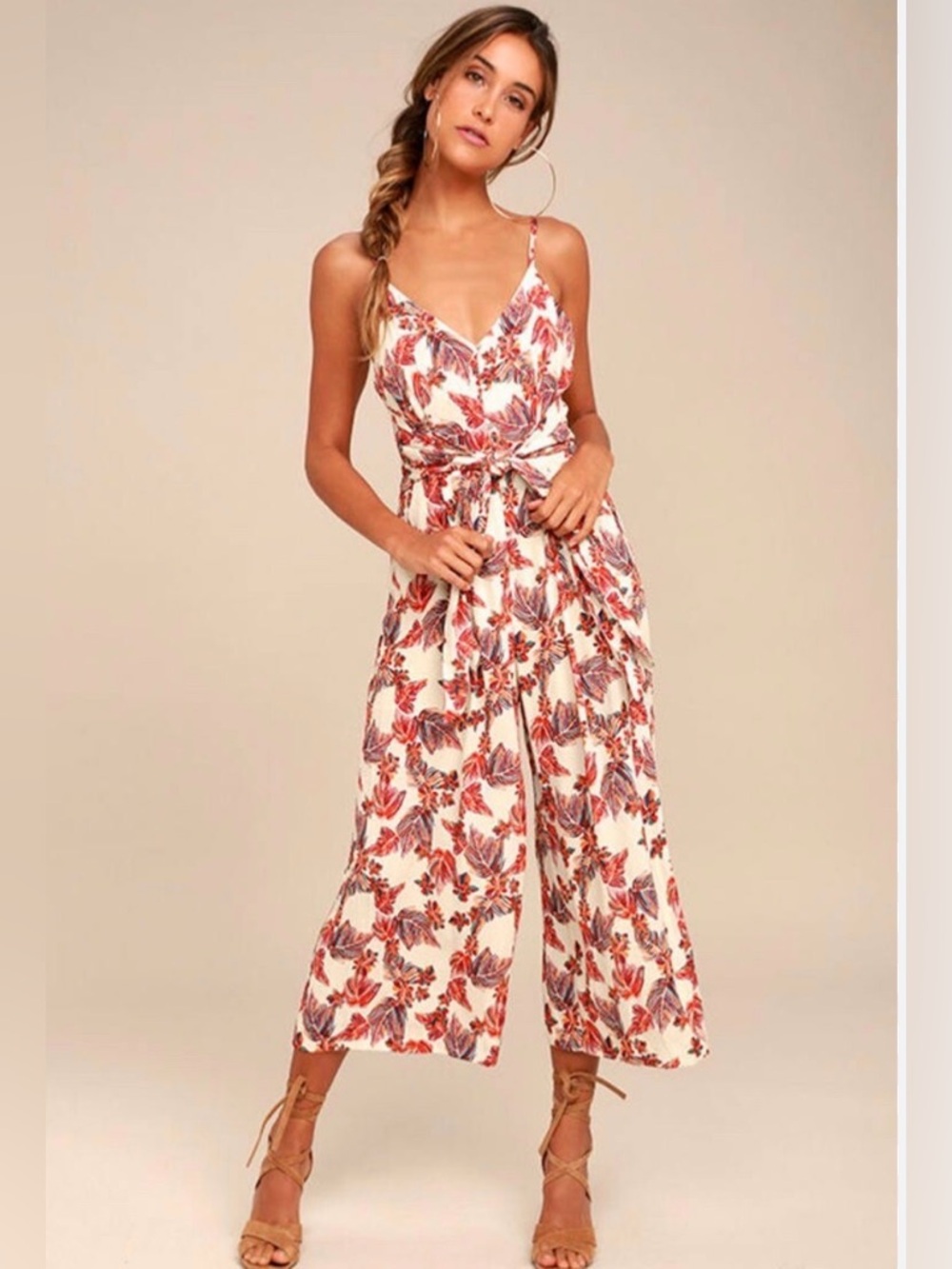 Free People Hot Tropics Cream Print Midi Jumpsuit. Size 0